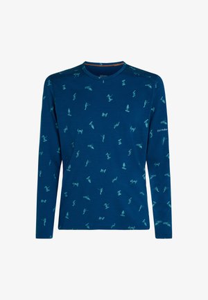 Navyblaues Langarmshirt mit türkisfarbenen Grafiken zum Skifahren und Snowboarden, Rundhalsausschnitt und weichem, leichtem Material.