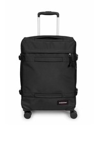 Schwarzer Koffer mit rechteckiger Form, hergestellt aus strapazierfähigem Stoff. Verfügt über zwei Fronttaschen, einen ausziehbaren Griff und vier Rollen für Mobilität.