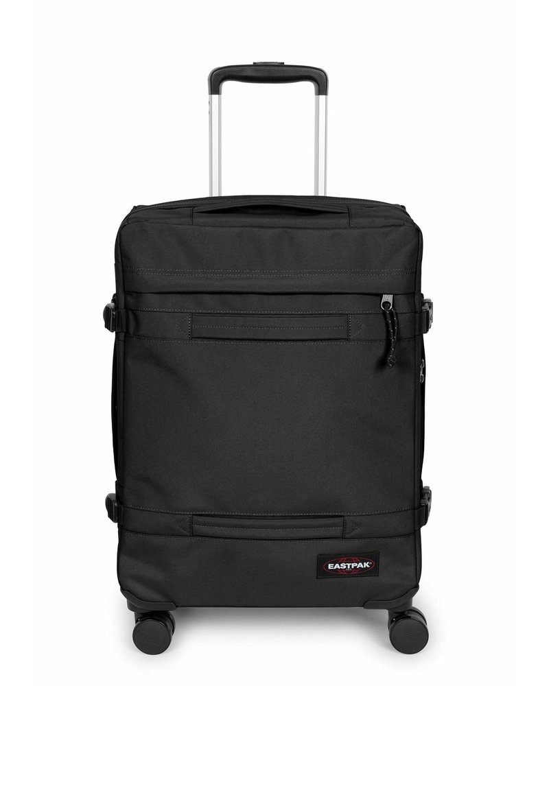 Schwarzer Koffer mit rechteckiger Form, hergestellt aus strapazierfähigem Stoff. Verfügt über zwei Fronttaschen, einen ausziehbaren Griff und vier Rollen für Mobilität.