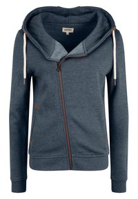 Sudadera con capucha y cremallera en mezcla de algodón azul oscuro, con cremallera marrón, cordones y detalles en cuero beige en los bolsillos.