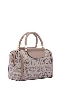 Borsa beige con motivo logo in rilievo, forma strutturata, manici doppi, hardware dorato e un'accoppiatura in pelle liscia sulla parte superiore.