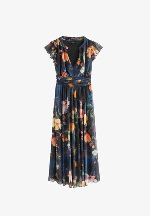 Blomstret maxi-kjole med dyb V-udskæring, korte flæseærmer, indsnævret talje og svajende kjole i mørkeblå med flerfarvede blomster.