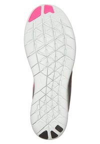 Podeszwa buta z białego materiału gumowego, teksturowanym wzorem antypoślizgowym, z różowymi akcentami w okolicach pięty oraz charakterystycznym wzorem bieżnika.