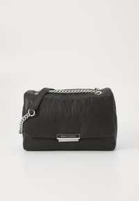 Black leather handbag with a textured finish, chain strap, and silver hardware. Features a rectangular shape and a front logo accent.