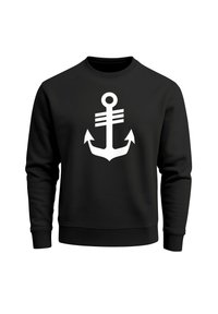 Black sweatshirt featuring a large white anchor graphic at the center. The design includes a circular top and two upward arrows.