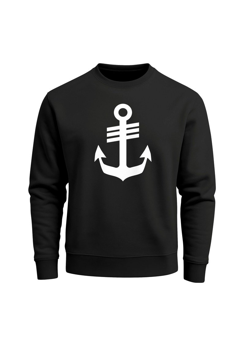 Black sweatshirt featuring a large white anchor graphic at the center. The design includes a circular top and two upward arrows.