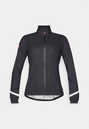 Crna biciklistička jakna s visokim ovratnikom, punim patentnim zatvaračem, elastičnim manžetama i reflektirajućim bijelim detaljima na rukavima. Napravljena je od laganog materijala.