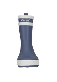 Botte de pluie en caoutchouc bleue avec une surface lisse, bande blanche en haut et un logo sur le devant. Bout arrondi et semelle texturée pour une meilleure adhérence.