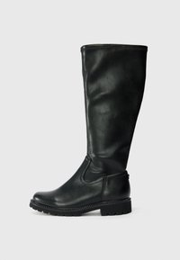 Botte en cuir noire montante avec une finition lisse, bout rond et semelle texturée. Dispose d'une fermeture éclair sur le côté et de détails de couture minimaux.