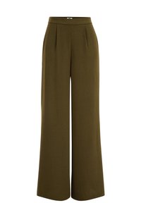 Wide-leg trousers in olive green fabric, featuring a high waist, subtle pleats, and a smooth texture. Straight-cut legs extend to the floor.