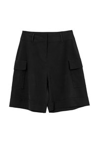 Shorts cargo noirs en tissu lisse, dotés de deux poches latérales et d'un ourlet plié. Le design est droit avec une taille mi-haute.