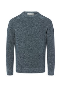Strickpullover in dunkelblauen und grauen Farbtönen, mit Rundhalsausschnitt und gerippten Bündchen und Saum. Textil mit einer subtilen Struktur.
