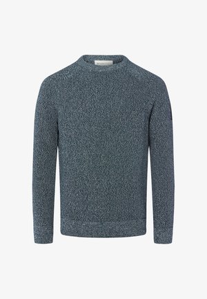 Sweter z dzianiny w ciemnoniebieskich i szarych odcieniach, z okrągłym dekoltem oraz ściągaczami na mankietach i dolnym końcu. Teksturowana tkanina z delikatnym wzorem.