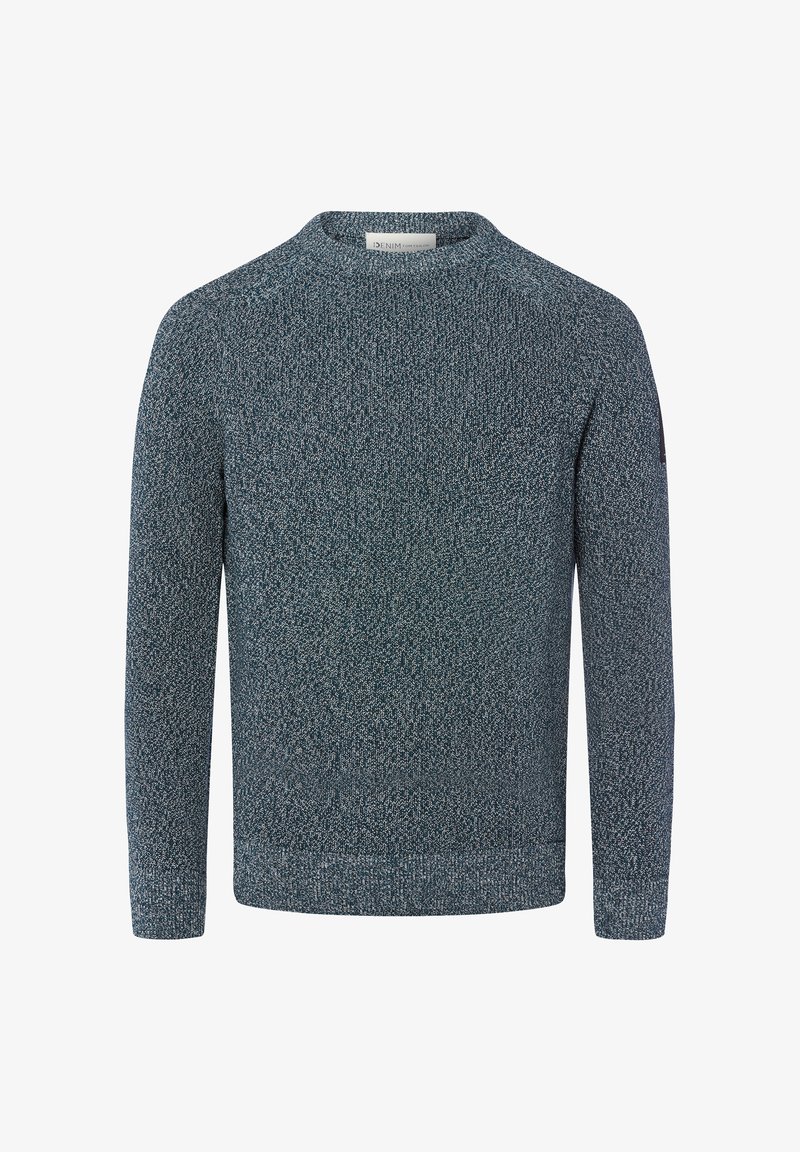 Strickpullover in dunkelblauen und grauen Farbtönen, mit Rundhalsausschnitt und gerippten Bündchen und Saum. Textil mit einer subtilen Struktur.