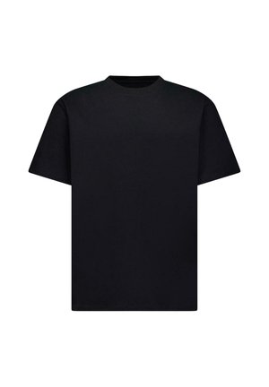 Effen zwart T-shirt met korte mouwen en een ronde hals, weergegeven op een witte achtergrond.