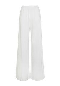 Valkoiset leveälahkeiset housut, jotka on valmistettu kevyestä kankaasta. Housuissa on joustava vyötärö ja kaksi sivutaskua sekä sileä, matta pinta.