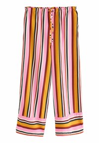 Båndet bukser med bred ben-design, der har lodrette striber i pink, orange, brun og sort, med snoretræk i taljen og opsmøgede kanter.
