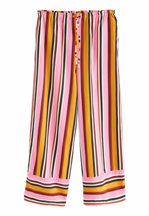 Pantaloni a righe con design a gamba larga, caratterizzati da righe verticali in rosa, arancione, marrone e nero, con vita regolabile tramite cordoncino e orli con risvolto.