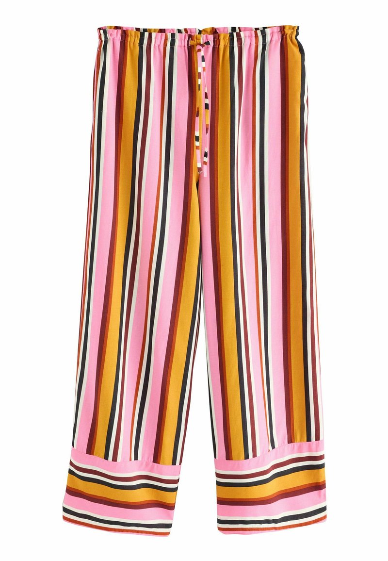 Båndet bukser med bred ben-design, der har lodrette striber i pink, orange, brun og sort, med snoretræk i taljen og opsmøgede kanter.