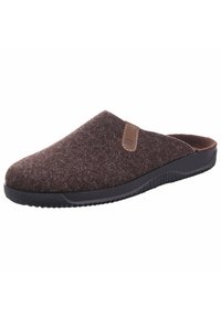 Pantufla de fieltro marrón con parte trasera baja, punta redondeada y acento de cuero. Suela de goma con agarre texturizado para estabilidad y comodidad.