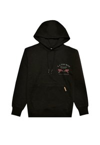 Sudadera negra con bolsillo frontal, capucha con cordón y texto gráfico y diseños en colores apagados en el pecho. Textura de tela suave.