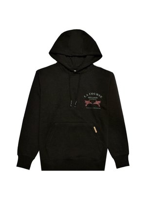 Musta huppari, jossa on etutasku, naru-huppu ja hillityissä väreissä olevia graafisia tekstejä ja kuvioita rinnalla. Pehmeä kankaan rakenne.