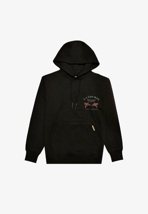 Mustaga kapuutsiga dressipluus, millel on ees tasku, stringid kapuutsi jaoks ning tuhmides värvitoonides graafiline tekst ja kujundid rinnal. Pehme kangast tekstuur.