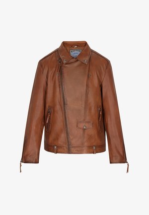 Pruun nahast jakk, millel on sobitav disain, lukuga esiosa, nööpidega kaelus, kaks lukuga küljetaskut ja horisontaalne rinnatasku.