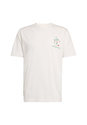 White short-sleeve t-shirt with a small graphic of a soccer player and "ITALIA '90" text on the left chest area.