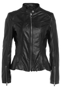 Černá kožená bunda s vysokým límcem, žebrovanými detaily na ramene, předním zipem a zipovými manžetami. Přiléhavý střih a hladká struktura.