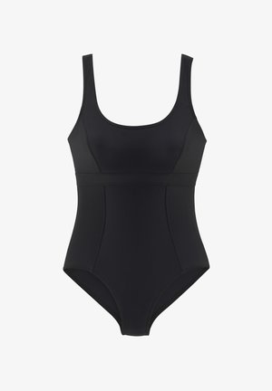 Schwarzer Einteiler-Badeanzug mit quadratisch geschnittenem Ausschnitt, breiten Trägern und dezenten Nahtdetails. Hergestellt aus glattem, elastischem Stoff, bietet eine figurbetonte Passform.