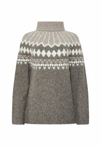 Maglione con colletto alto, caratterizzato da un motivo geometrico in grigio e bianco. Realizzato in morbida lana testurizzata, con maniche lunghe e una vestibilità rilassata.