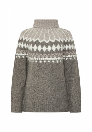 Suéter con cuello alto, con un patrón geométrico en gris y blanco. Fabricado en lana suave y texturizada, con mangas largas y un corte relajado.