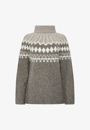 Suéter con cuello alto, con un patrón geométrico en gris y blanco. Fabricado en lana suave y texturizada, con mangas largas y un corte relajado.