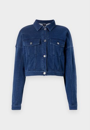 Cropped, dark blue denim jacket with a button-up front, two chest pockets, and classic collar. Features silver hardware and stitched detailing.