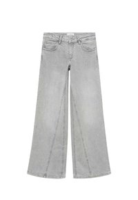 Ljust grå vida jeans i denim med hög midja, framfickor och djärva sidsömmar som skapar en strukturerad silhuett.