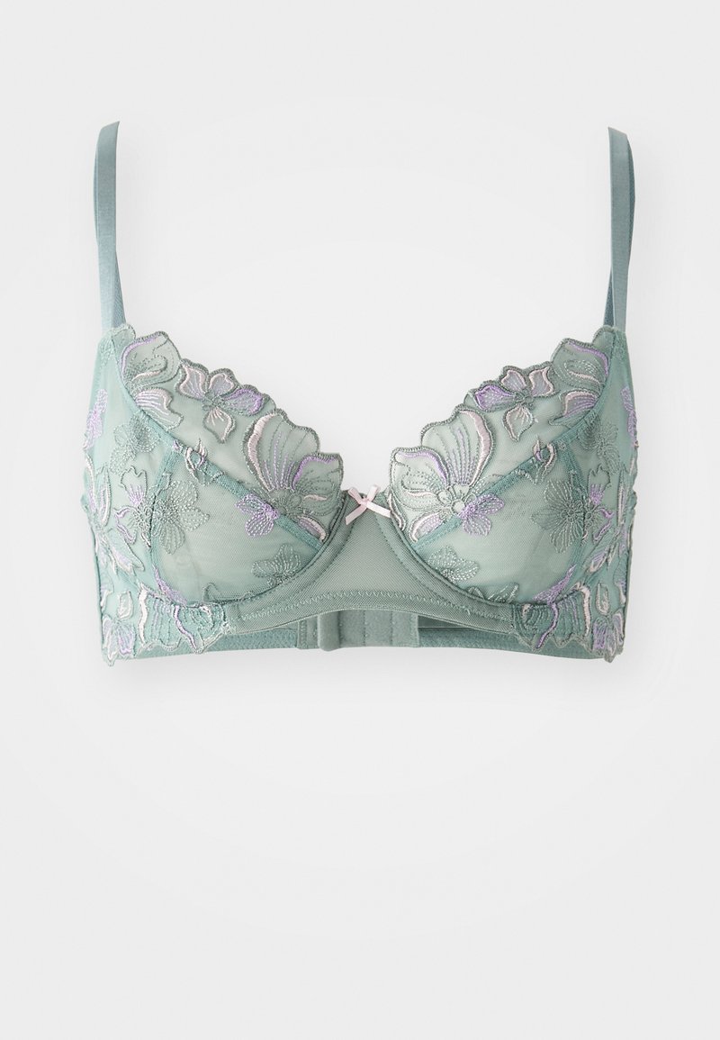 Smaragdgroene kanten bralette met bloemenborduursel in paarse en roze accenten, gegolfde randen en verstelbare banden.