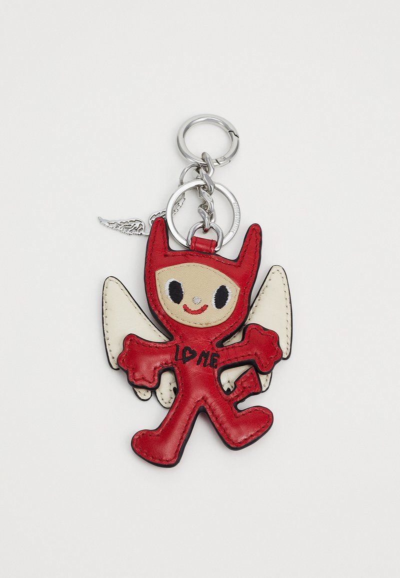 Red leather keychain shaped like a character with white wings, smiling face, and "LOVE ME" written on the chest. Silver hardware accents.