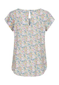 Blouse à manches courtes avec un motif floral de marguerites bleues, roses et jaunes, dos à trou de serrure avec une fermeture à un bouton.