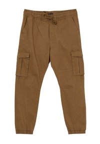 Pantalons cargo marron avec taille élastique et poignets aux chevilles, poches avant et poches latérales à rabat. Cordon de serrage à la taille.
