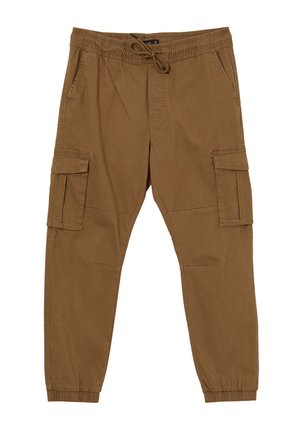 Pantaloni cargo marroni con vita elasticizzata e polsini alla caviglia, tasche frontali e tasche laterali con pattina. Apertura con cordoncino in vita.
