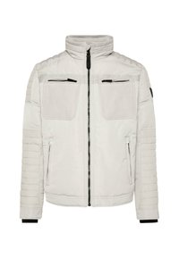 Light grey puffer jacket with a high collar, two chest zip pockets, and side zip pockets. Textured ribbed accents on shoulders and sleeves.