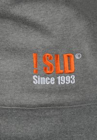 Grijze sweatshirt met geborduurde tekst: "! SLD" in oranje en "Since 1993" in wit. Zachte stof met geribbelde onderrand.