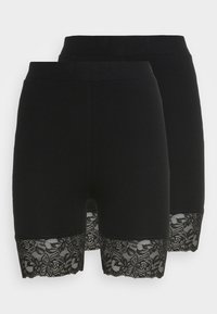 Sorte shorts lavet af glat stof med en blondekant ved kanten, prydet med blomstermønstre. To par synlige, der viser et ensartet design.