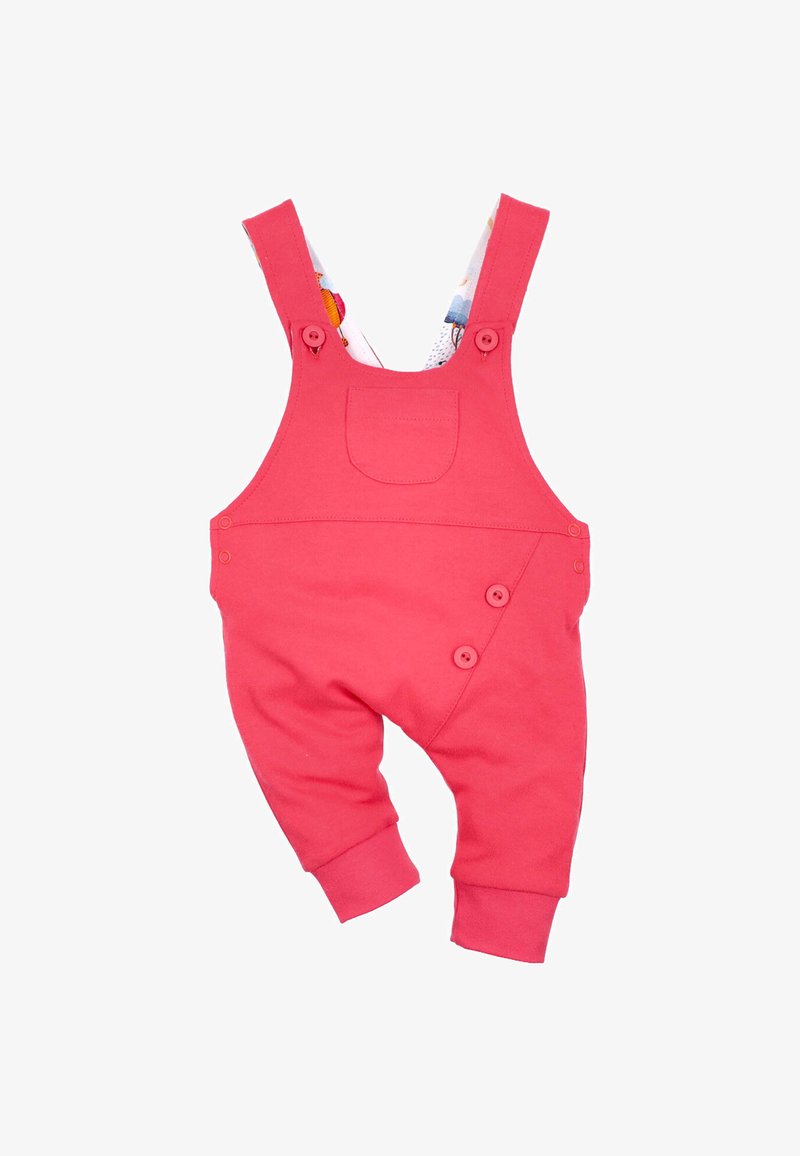 Salopette en coton rose avec bretelles réglables, poche avant et deux accents de boutons sur le côté, avec un doublure intérieure à motifs.