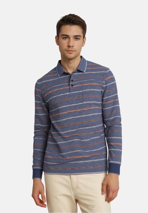 Langärmliges Polohemd in Blau mit horizontalen Streifen in Orange und Hellblau. Verfügt über eine Knopfleiste und eine Brusttasche. Aus einem Baumwollmischgewebe.