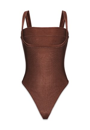 Hnedý jednocdielny plavky vyrobené z hladkej látky, s tenkými popruhmi a štvorcovým výstrihom, s vysokým strihom nohavíc a minimálnym šitím.