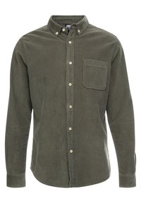 Camicia a maniche lunghe in velluto a coste verde oliva per uomo, con colletto a punta e taschino sul petto.