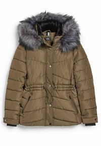 Brown puffer jacket with a detachable gray faux fur hood, drawstring waist, zip pockets, and horizontal quilted pattern.