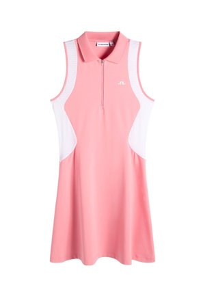 Mouwloze roze jurk met witte mesh zijpanelen, een kraag en een rits aan de voorkant, met een klein wit logo op de borst.